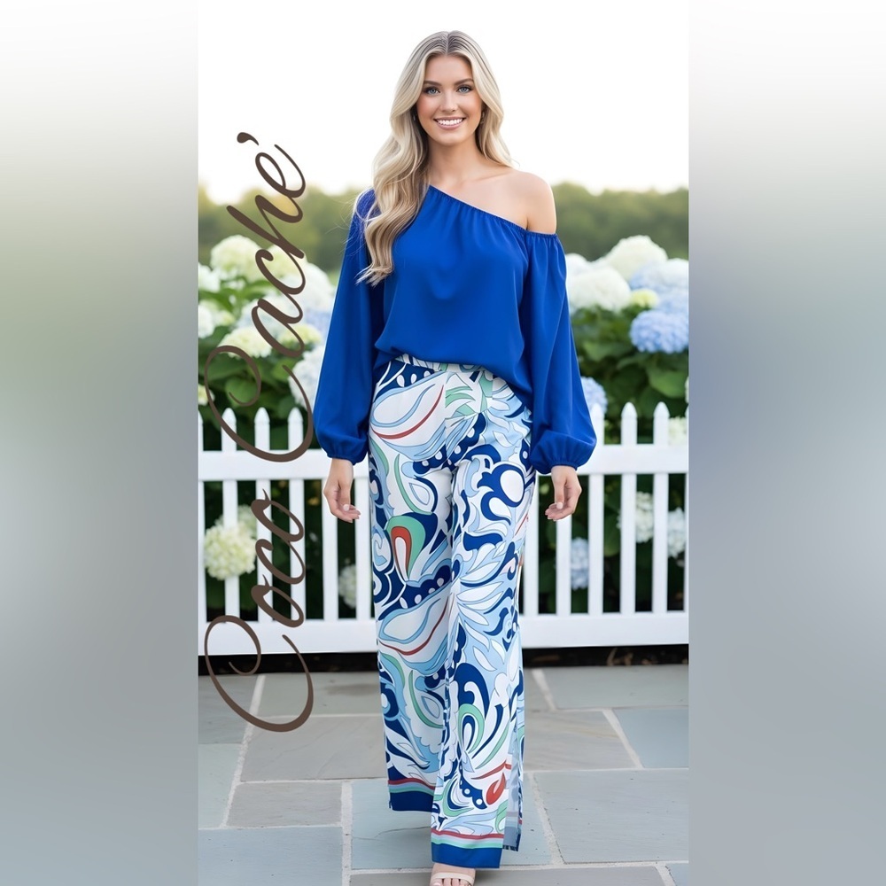 Bohemian Two Piece Set Off-Shoulder Top with Multicolor Patterned Wide Leg Pants